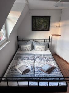 a bed with two pillows on it in a room at Haus Abendsonne in Bad Schandau