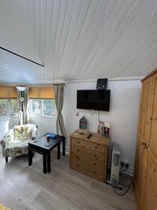 a room with a bed and a table in a tent at Woodland Chalet at Otters Green in Botley