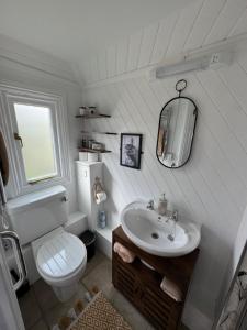 a bathroom with a white toilet and a sink at Woodland Chalet at Otters Green in Botley
