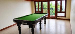 a green pool table in a room with a window at Teesta Hotels, Kalimpong in Kalimpong