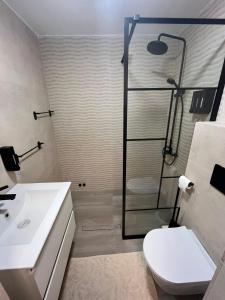 a bathroom with a shower and a toilet and a sink at Emanuela Home in Piatra Neamţ
