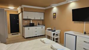 a room with a bed and a kitchen with a flat screen tv at Emanuela Home in Piatra Neamţ