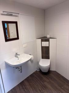 a white bathroom with a sink and a toilet at Haus Abendsonne in Bad Schandau +10 photos