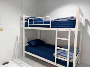 two bunk beds in a room with blue sheets at Happy Homey Hostel in Suratthani +22 photos