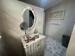 a mirror sitting on a dresser in a bathroom at Mariri Farm Cottage in Patentie