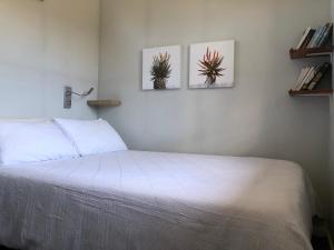 a bedroom with a bed with three pictures on the wall at Plett Pods - Casetta del Fuoco - Eco Container Cottage in Plettenberg Bay