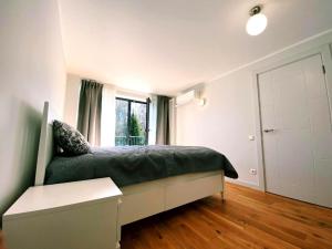 sypialnia z łóżkiem i oknem w obiekcie Albatross Mini - 2 Room Seaside Air-conditioned Apartment with Balcony w mieście Ķesterciems +25 zdjęć