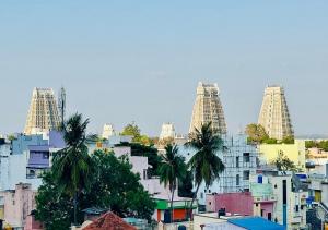 a city skyline with tall buildings and palm trees at Hotel SK Temple View in Tiruvannāmalai