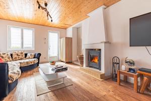 a living room with a couch and a fireplace at Maison de vacances La Menou in Saint-Pierre-dʼOléron