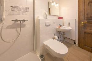 a bathroom with a toilet and a shower and a sink at Windrose 08 in Ahrenshoop +11 photos