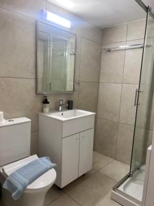 a bathroom with a toilet and a sink and a shower at Alex Beach Apartment 203 in Larnaca +103 photos