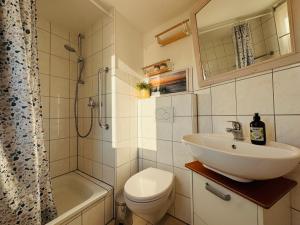 a bathroom with a sink and a toilet and a shower at Nordkiek No 8 Für 4 Person mit Meerblick in Westerholz