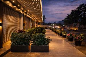 a building with a row of potted plants on the sidewalk at Chethan International in Bangalore +6 photos