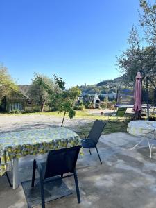 a patio with a table and chairs in a yard at Appartamento Nettuno in Villa Daria a 2 Km dal mare golfo del Tigullio in Chiavari