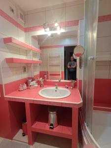 a man taking a picture of a red bathroom sink at Apartmán PP Tatry in Jezersko +10 photos