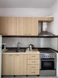 a kitchen with wooden cabinets and a stove top oven at The Bs Stay in Tirana