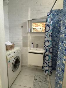 a small bathroom with a sink and a washing machine at The Bs Stay in Tirana
