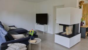 a living room with a blue couch and a fireplace at Ferienhaus Mind-Storm in Rimsting