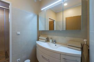 a bathroom with a sink and a mirror at Haus Helene in Mörbisch am See +30 photos