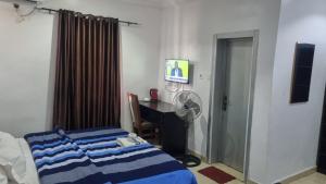 a bedroom with a bed and a desk and a fan at Davic-lite hotel and suites in Okitipupa