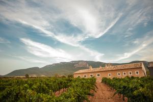 a building in a vineyard with mountains in the background at Casa del Labrador in Jumilla