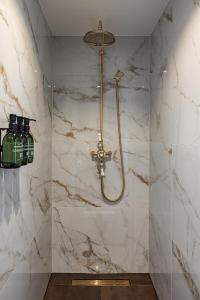 a shower in a bathroom with a marble wall at ADAM & EVE Paleisstraat in The Hague +24 photos