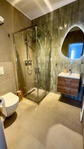 a bathroom with a shower and a toilet and a sink at Lázár Pension & Restaurant in Gheorgheni +28 photos