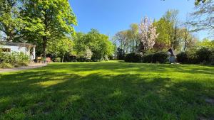 Eine große grüne Wiese mit Bäumen im Hintergrund in der Unterkunft De Kansel in Nieuw-Dordrecht