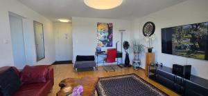 a living room with a couch and a tv at Lake View See & Bergsicht free parking in Kreuzlingen