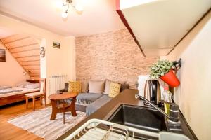 a kitchen and living room with a couch and a sink at Pod Wyciągiem Harenda in Zakopane