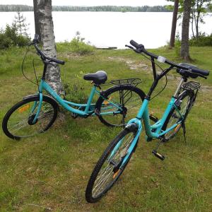 two bikes parked next to a tree in the grass at Pääsky Schwalbe-cabin by crater lake in Varpaisjärvi
