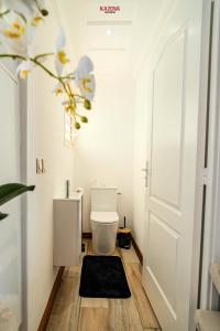 a bathroom with a toilet and a black rug at La Villa Bleue, Pieds dans l'eau in Saint-Leu