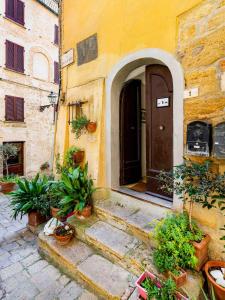 a building with a door and a bunch of potted plants at Casa Alberi in Volterra
