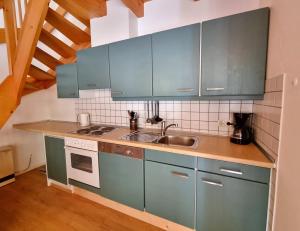 a kitchen with blue cabinets and a sink at Haus 11 Außergewöhnlich schön gelegen Natur Ferienpark im Teutoburger Wald in Nieheim