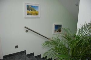 a stairway with a picture on the wall and plants at Ferienhaus Binz in Binz