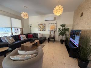 a living room with a couch and a tv at Alkinoou Residence in Limassol