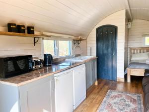 a kitchen with white cabinets and a blue door at Mountain View Pod in Rhayader +4 photos