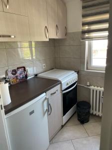 a small kitchen with a white stove top oven at Teodora in Banja Koviljača
