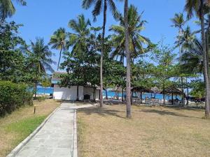 a path through a park with palm trees and the ocean at Ocean view villa in Diani Beach