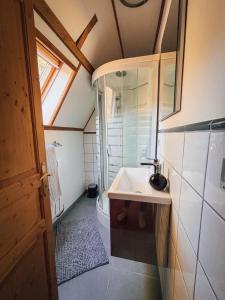 a bathroom with a sink and a shower at Le Marronnier in Montchauvet +28 photos