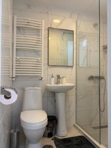 a bathroom with a toilet and a sink and a shower at Panorama in Sighnaghi +27 photos