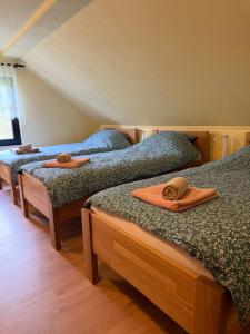two beds with hats and towels on them in a room at Hideaway Kos in Loka pri Žusmu