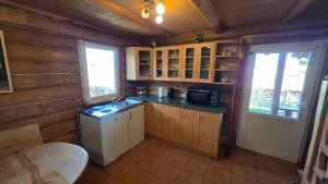 a kitchen with a stove and a refrigerator in a cabin at Domek przy stajni in Wielki Głęboczek