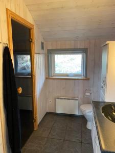 a small bathroom with a toilet and a window at Udsigten over Hjarbæk in Løgstrup +36 photos