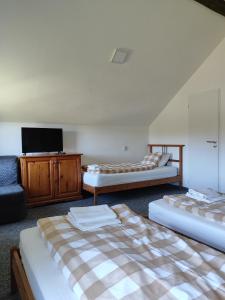 a room with three beds and a flat screen tv at U Vaclava in Hřensko