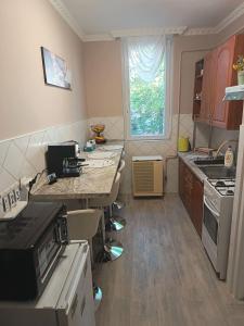 a kitchen with a table and a counter top at JÁZMIN magán szállás in Makó