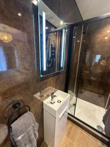 a bathroom with a sink and a shower at Longovers Lodge in Westbourne +25 photos