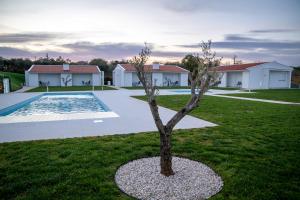 a tree in the middle of a yard with a pool at Casa do Pôr do Sol in Macedo de Cavaleiros
