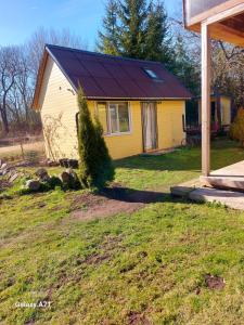 a small yellow house with a tree in the yard at Pori-Kõrtsi talu in Nasja