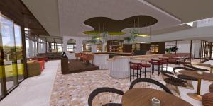 a rendering of a restaurant with tables and chairs at Van der Valk Hotel Maastricht-Maas in Maastricht +20 photos